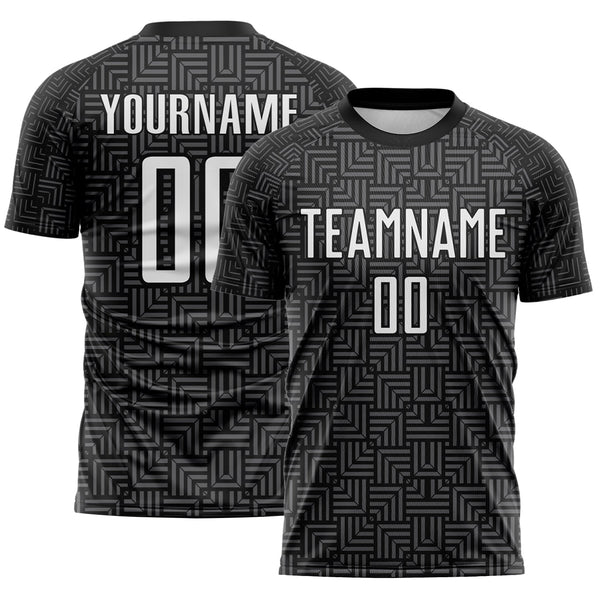 Custom Black White-Steel Gray Geometric Maze Interlocking Square Sports Sublimation Soccer Uniform Jersey