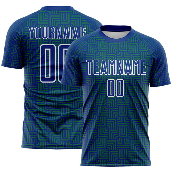 Custom Royal Kelly Green-White Geometric Maze Interlocking Square Sports Sublimation Soccer Uniform Jersey