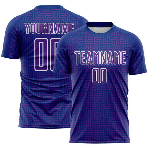 Custom Royal Purple-White Geometric Maze Interlocking Square Sports Sublimation Soccer Uniform Jersey