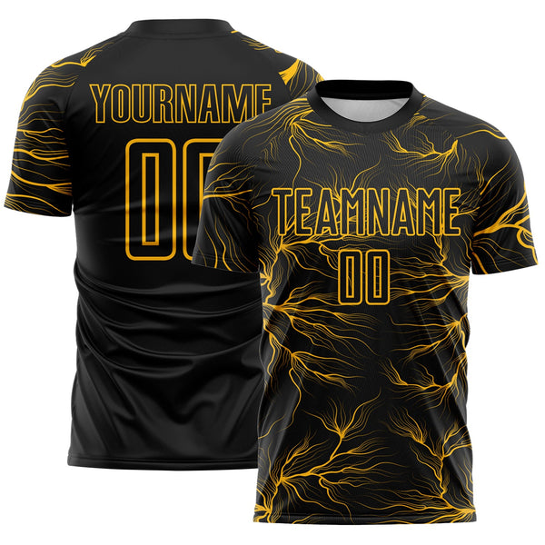 Custom Black Gold Lightning Electric Veins Sublimation Soccer Uniform Jersey