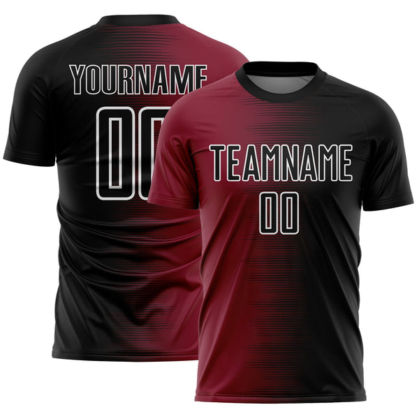 Custom Black White-Crimson Gradient Line Sublimation Soccer Uniform Jersey