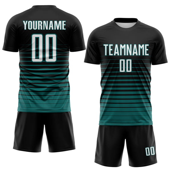 Custom Black White-Teal Gradient Pinstripe Sublimation Soccer Uniform Jersey alternate
