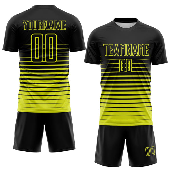 Custom Black Neon Yellow Gradient Pinstripe Sublimation Soccer Uniform Jersey alternate