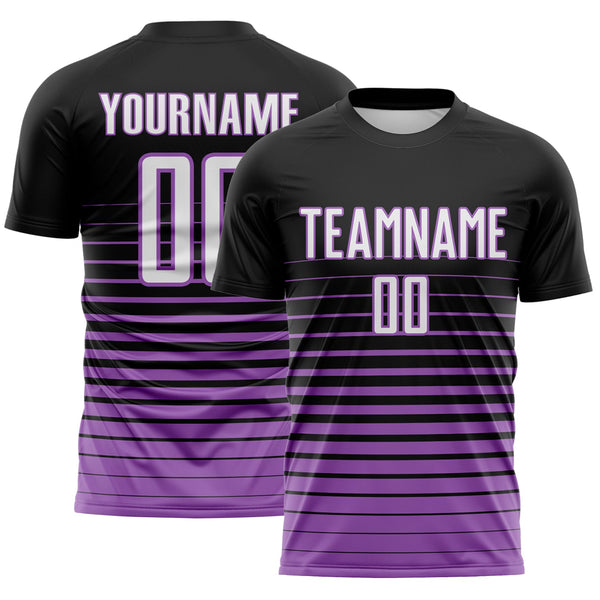 Custom Black White-Medium Purple Gradient Pinstripe Sublimation Soccer Uniform Jersey