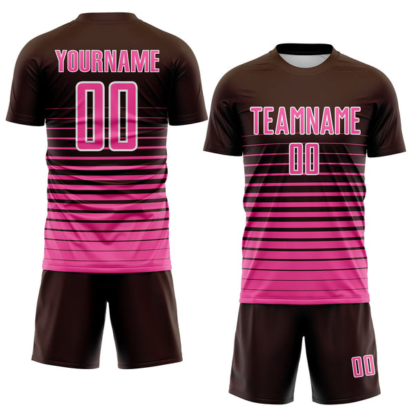 Custom Brown Pink-White Gradient Pinstripe Sublimation Soccer Uniform Jersey alternate