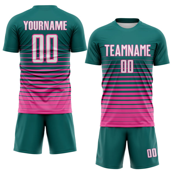 Custom Teal White-Pink Gradient Pinstripe Sublimation Soccer Uniform Jersey alternate