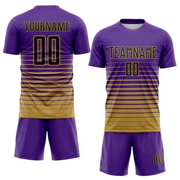 Custom Purple Black-Old Gold Gradient Pinstripe Sublimation Soccer Uniform Jersey alternate