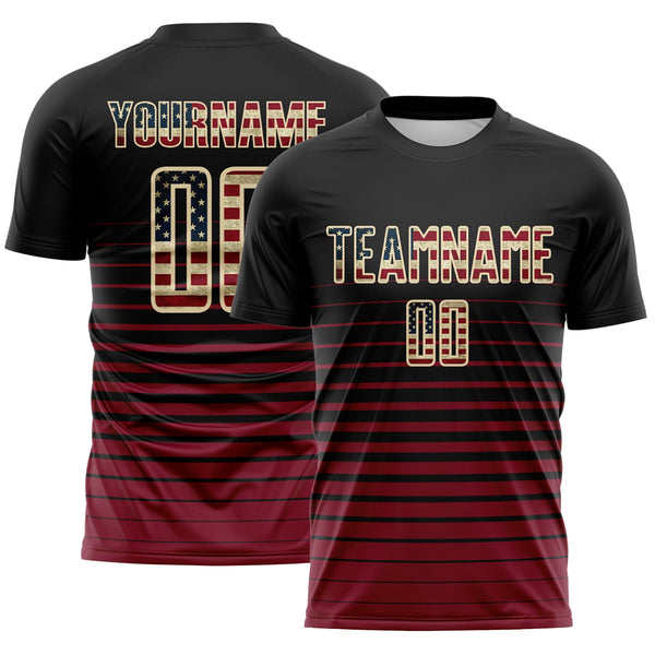 Custom Black Vintage USA Flag Cream-Crimson Gradient Pinstripe Sublimation Soccer Uniform Jersey