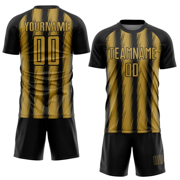 Custom Black Old Gold Vertical Brush Stroke Stripes Sublimation Soccer Uniform Jersey alternate