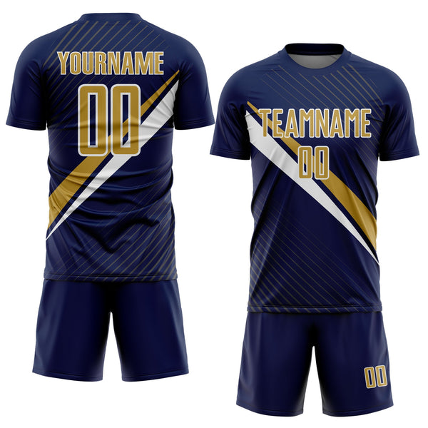 Custom Navy Old Gold-White Diagonal Stripes Sports Sublimation Soccer Uniform Jersey alternate