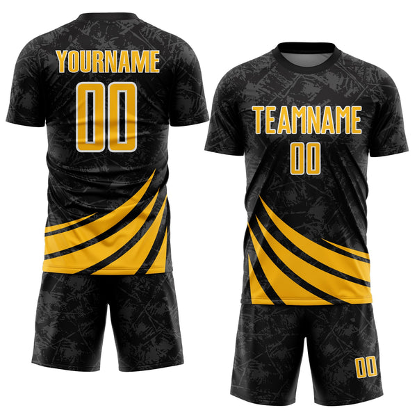 Custom Black Gold-White Distressed Diagonal Stripes Wind Shapes Sports Sublimation Soccer Uniform Jersey alternate