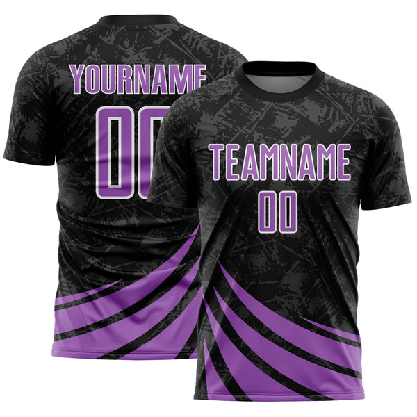 Custom Black Medium Purple-White Distressed Diagonal Stripes Wind Shapes Sports Sublimation Soccer Uniform Jersey