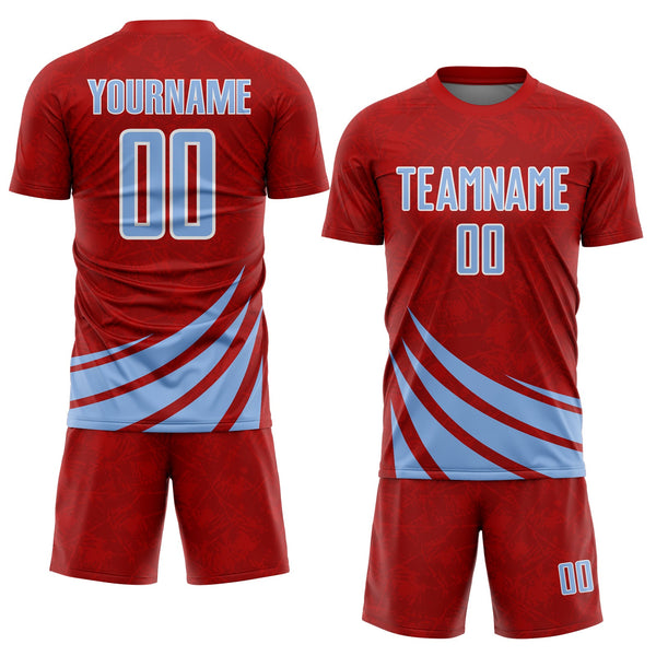 Custom Red Light Blue-White Distressed Diagonal Stripes Wind Shapes Sports Sublimation Soccer Uniform Jersey alternate