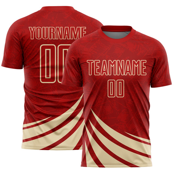 Custom Red Cream Distressed Diagonal Stripes Wind Shapes Sports Sublimation Soccer Uniform Jersey