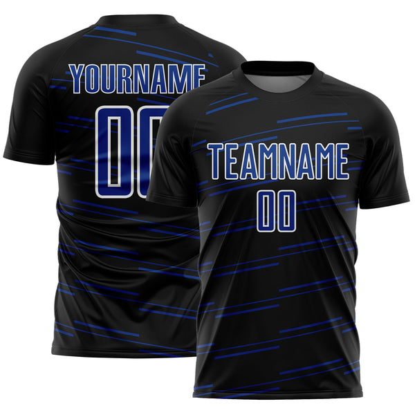 Custom Black Royal-White Diagonal Pinstripes Lines Sports Sublimation Soccer Uniform Jersey