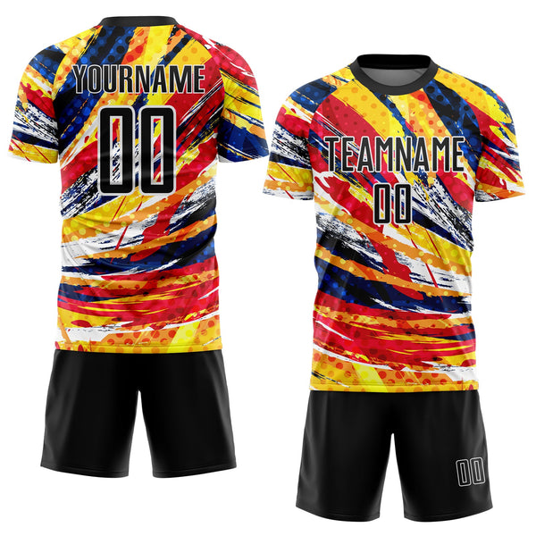 Custom Graffiti Pattern Black Yellow Blue-Red Colombia Brush Stroke Halftone Dot Pattern Sublimation Soccer Uniform Jersey alternate