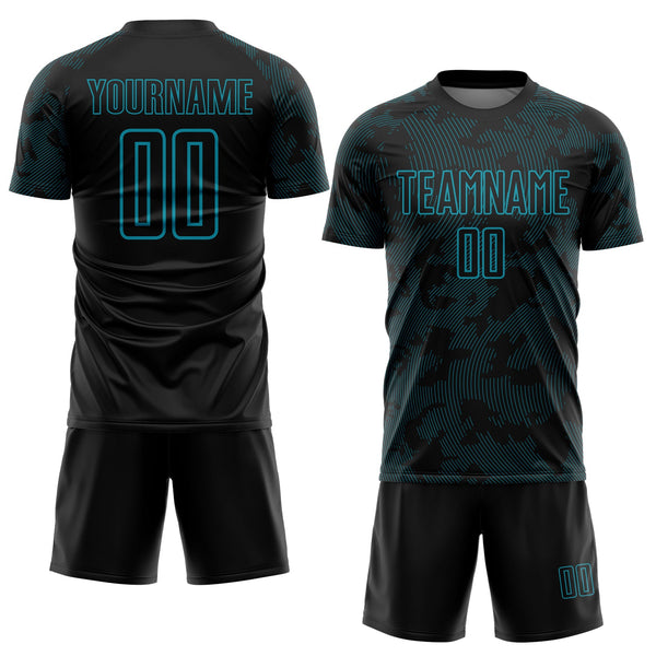 Custom Black-Teal Curve Lines Sublimation Soccer Uniform Jersey alternate