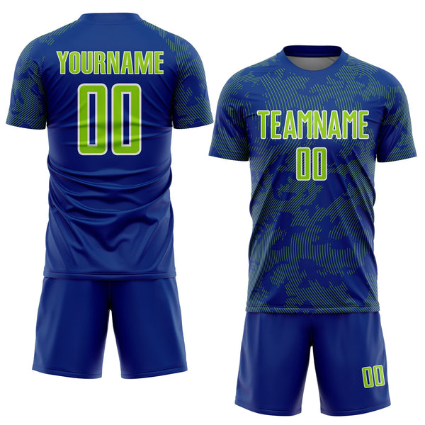Custom Royal Neon Green-White Curve Lines Sublimation Soccer Uniform Jersey alternate
