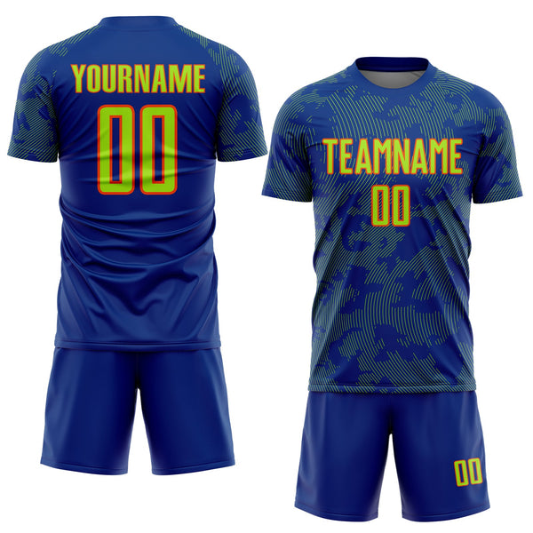 Custom Royal Neon Green-Orange Curve Lines Sublimation Soccer Uniform Jersey alternate