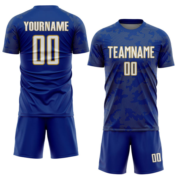 Custom Royal White-Old Gold Curve Lines Sublimation Soccer Uniform Jersey alternate