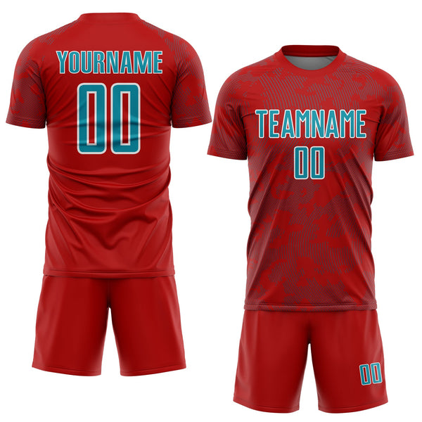 Custom Red Teal-White Curve Lines Sublimation Soccer Uniform Jersey alternate