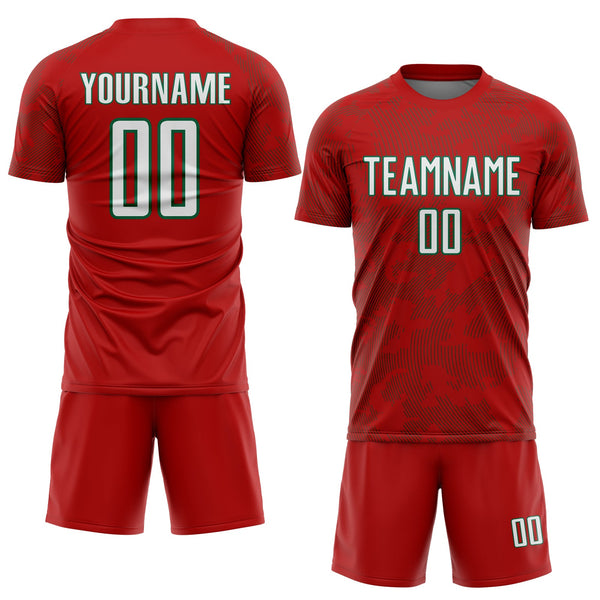Custom Red White-Kelly Green Curve Lines Sublimation Soccer Uniform Jersey alternate