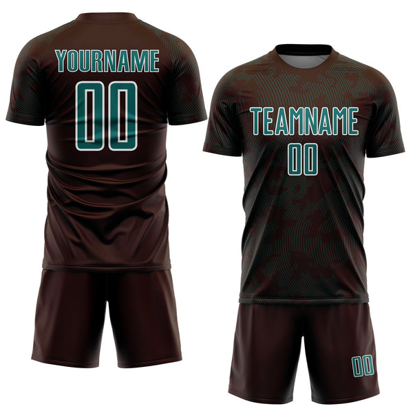 Custom Brown Teal-White Curve Lines Sublimation Soccer Uniform Jersey alternate