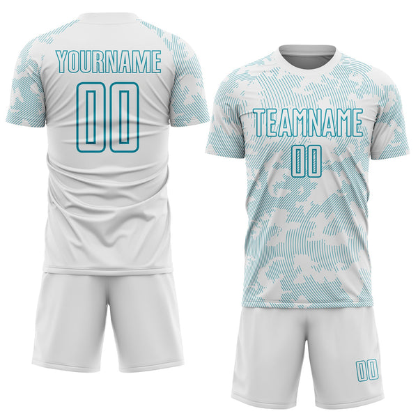 Custom White-Teal Curve Lines Sublimation Soccer Uniform Jersey alternate