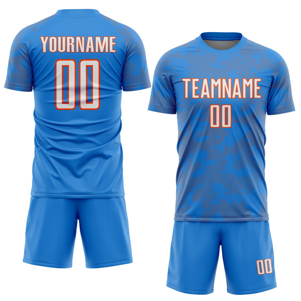 Custom Powder Blue White-Orange Curve Lines Sublimation Soccer Uniform Jersey alternate