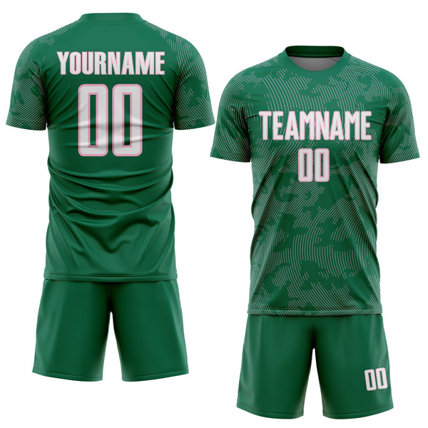 Custom Kelly Green White-Light Pink Curve Lines Sublimation Soccer Uniform Jersey alternate