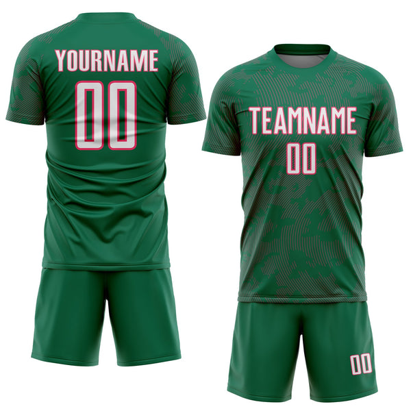Custom Kelly Green White-Neon Pink Curve Lines Sublimation Soccer Uniform Jersey alternate