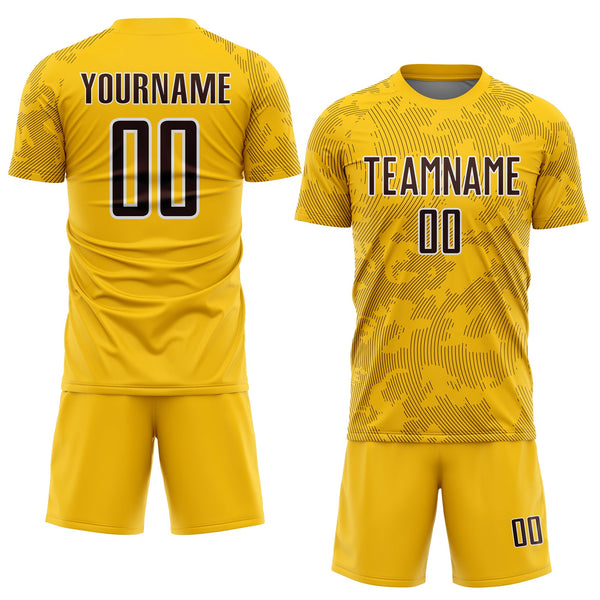 Custom Yellow Brown-White Curve Lines Sublimation Soccer Uniform Jersey alternate