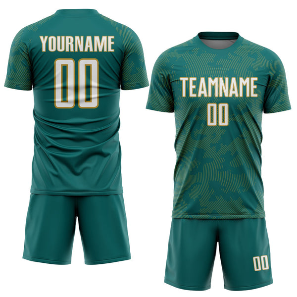Custom Teal White-Old Gold Curve Lines Sublimation Soccer Uniform Jersey alternate