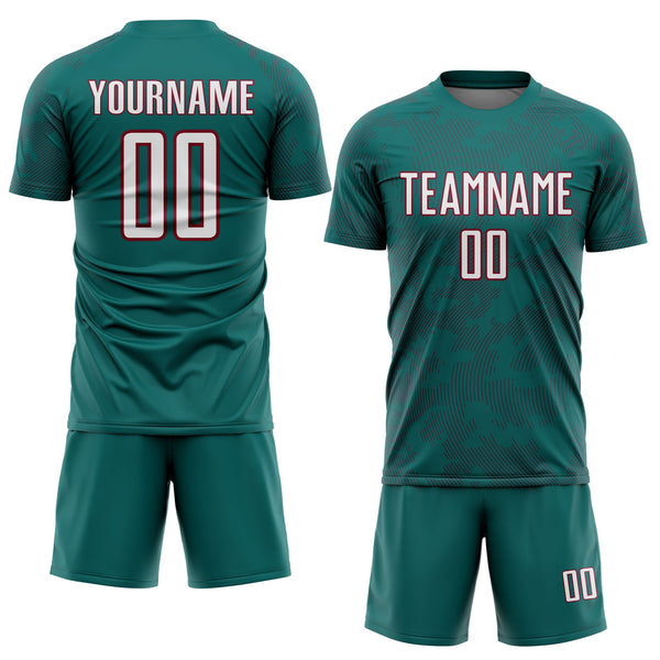 Custom Teal White-Crimson Curve Lines Sublimation Soccer Uniform Jersey alternate