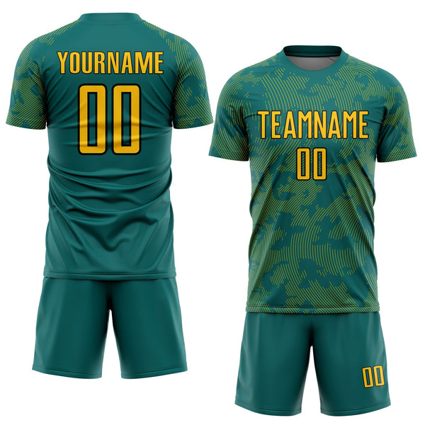 Custom Teal Yellow-Black Curve Lines Sublimation Soccer Uniform Jersey alternate