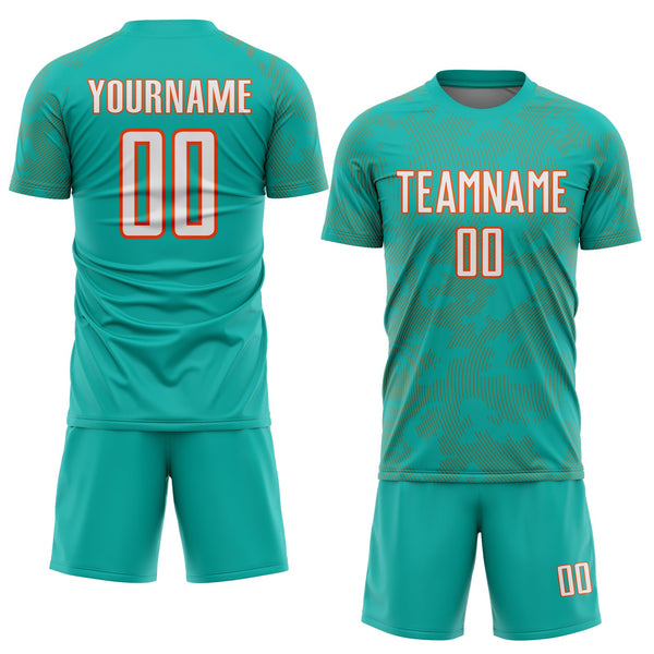 Custom Aqua White-Orange Curve Lines Sublimation Soccer Uniform Jersey alternate