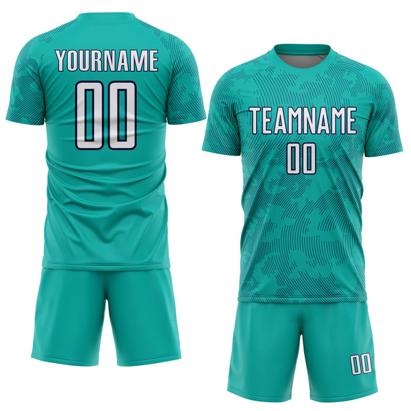 Custom Aqua White-Navy Curve Lines Sublimation Soccer Uniform Jersey alternate
