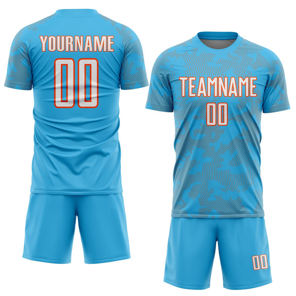 Custom Sky Blue White-Orange Curve Lines Sublimation Soccer Uniform Jersey alternate