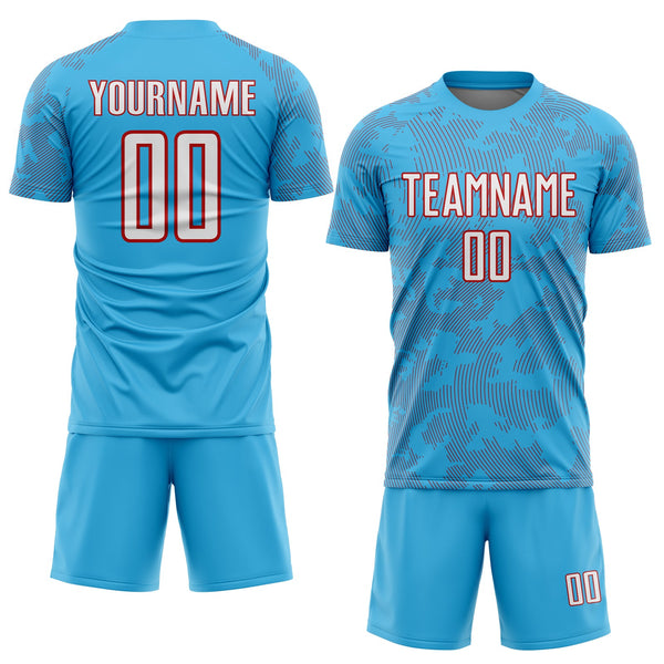 Custom Sky Blue White-Red Curve Lines Sublimation Soccer Uniform Jersey alternate