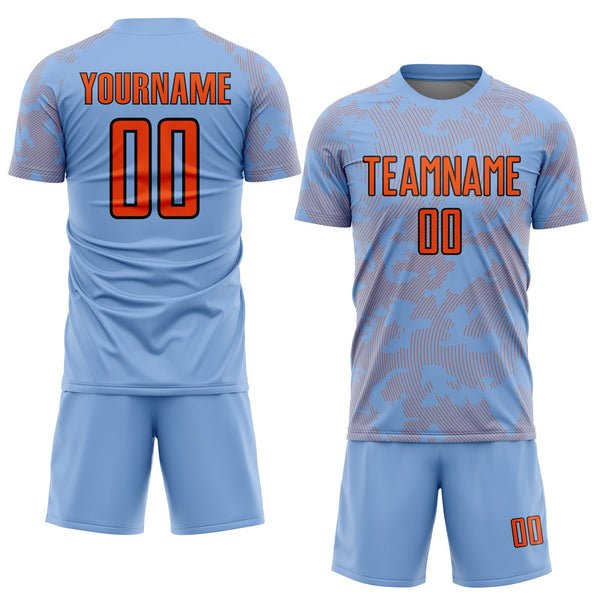 Custom Light Blue Orange-Black Curve Lines Sublimation Soccer Uniform Jersey alternate