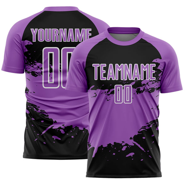 Custom Medium Purple Black-White Splash Color Block Sublimation Soccer Uniform Jersey