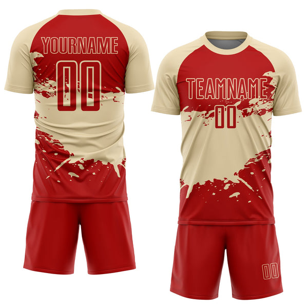 Custom Cream-Red Splash Color Block Sublimation Soccer Uniform Jersey alternate