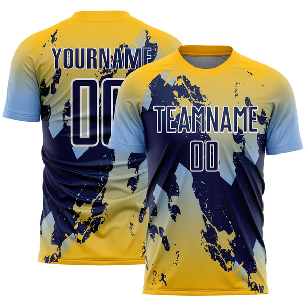 Custom Gold Navy Light Blue-White Gradient Splash Sublimation Soccer Uniform Jersey