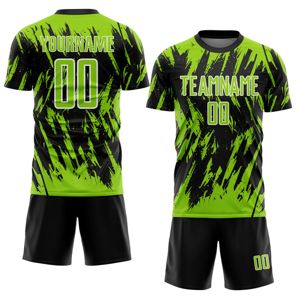 Custom Black Neon Green-White Splatter Torn Sharp Brush Stroke Sublimation Soccer Uniform Jersey alternate