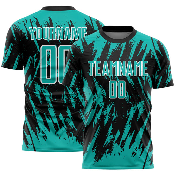 Custom Black Aqua-White Splatter Torn Sharp Brush Stroke Sublimation Soccer Uniform Jersey