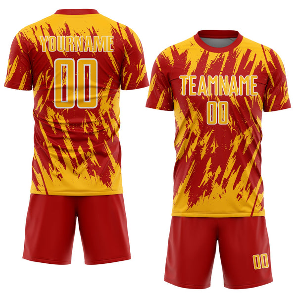 Custom Red Gold-White Splatter Torn Sharp Brush Stroke Sublimation Soccer Uniform Jersey alternate