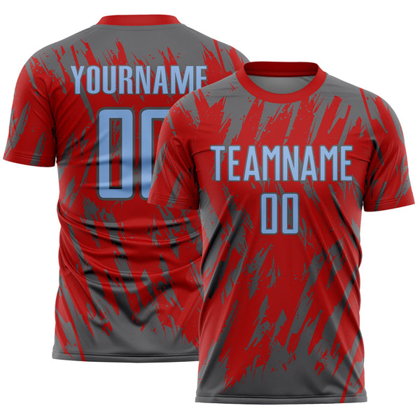 Custom Red Light Blue-Steel Gray Splatter Torn Sharp Brush Stroke Sublimation Soccer Uniform Jersey