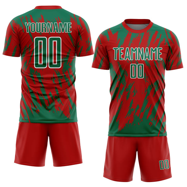 Custom Red Kelly Green-White Splatter Torn Sharp Brush Stroke Sublimation Soccer Uniform Jersey alternate