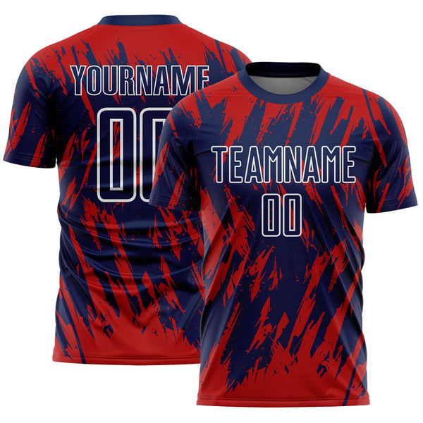 Custom Navy Red-White Splatter Torn Sharp Brush Stroke Sublimation Soccer Uniform Jersey