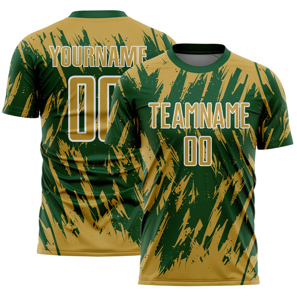 Custom Green Old Gold-White Splatter Torn Sharp Brush Stroke Sublimation Soccer Uniform Jersey